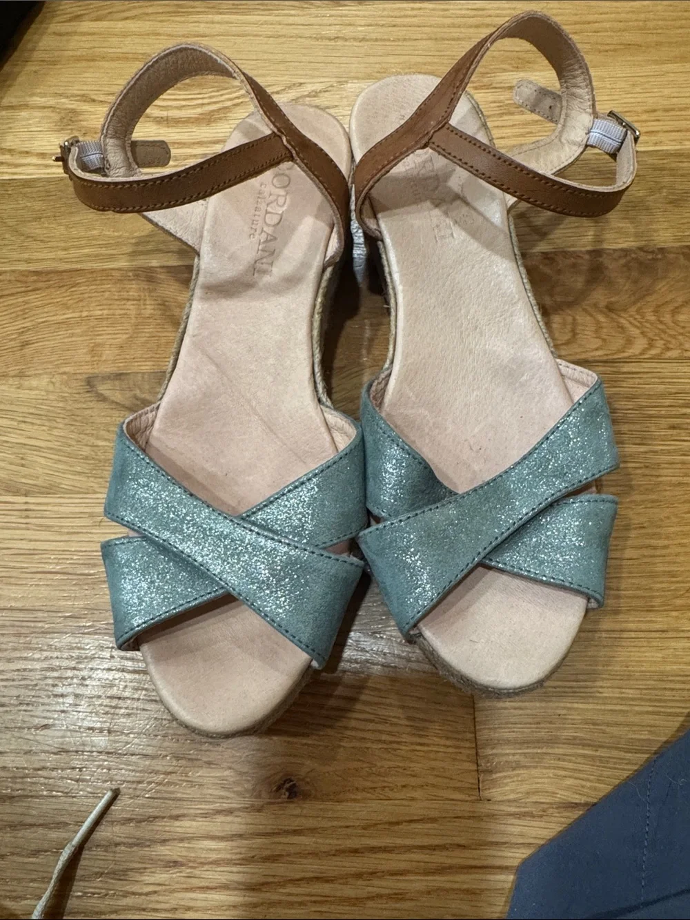 Cordani Metallic Blue & Tan Leather Espadrille Wedge Sandals – Size 39 (US 8.5)